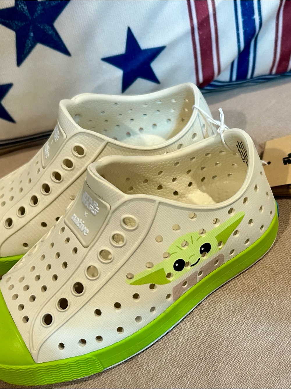 Native Kids White Slip-On Water Shoes with Green Accent and Character